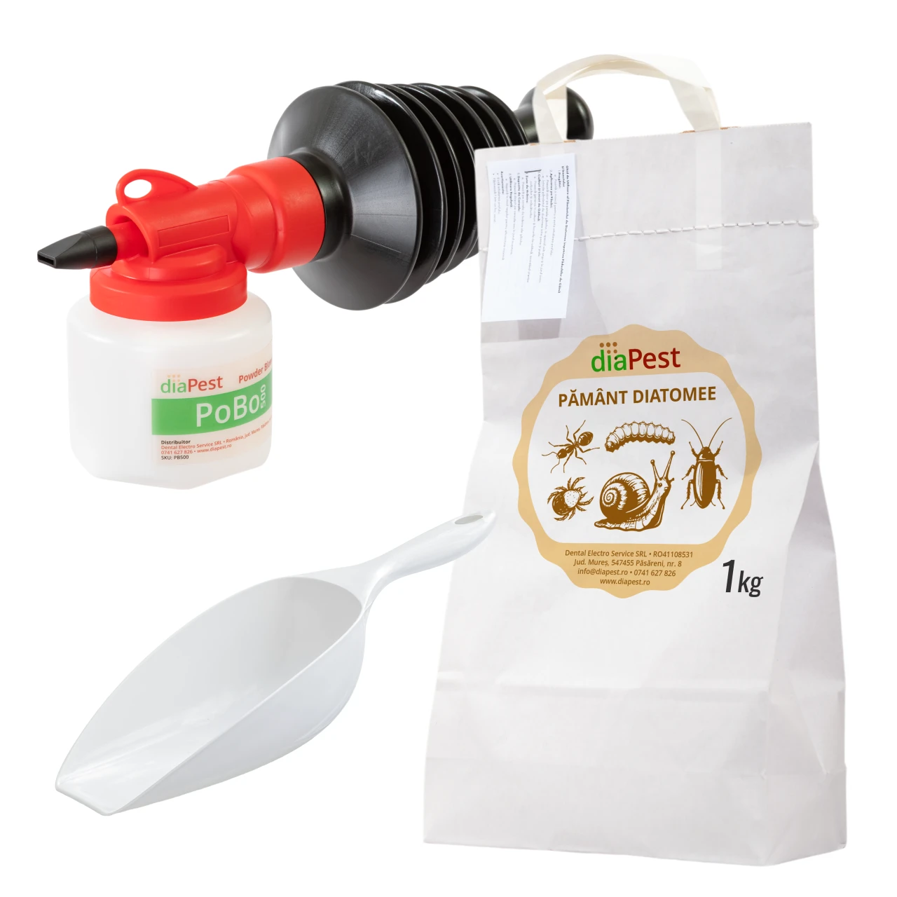 Pachet Starter de pământ diatomee 1 kg, pulverizator manual 0,5 kg și scafă 400 ml