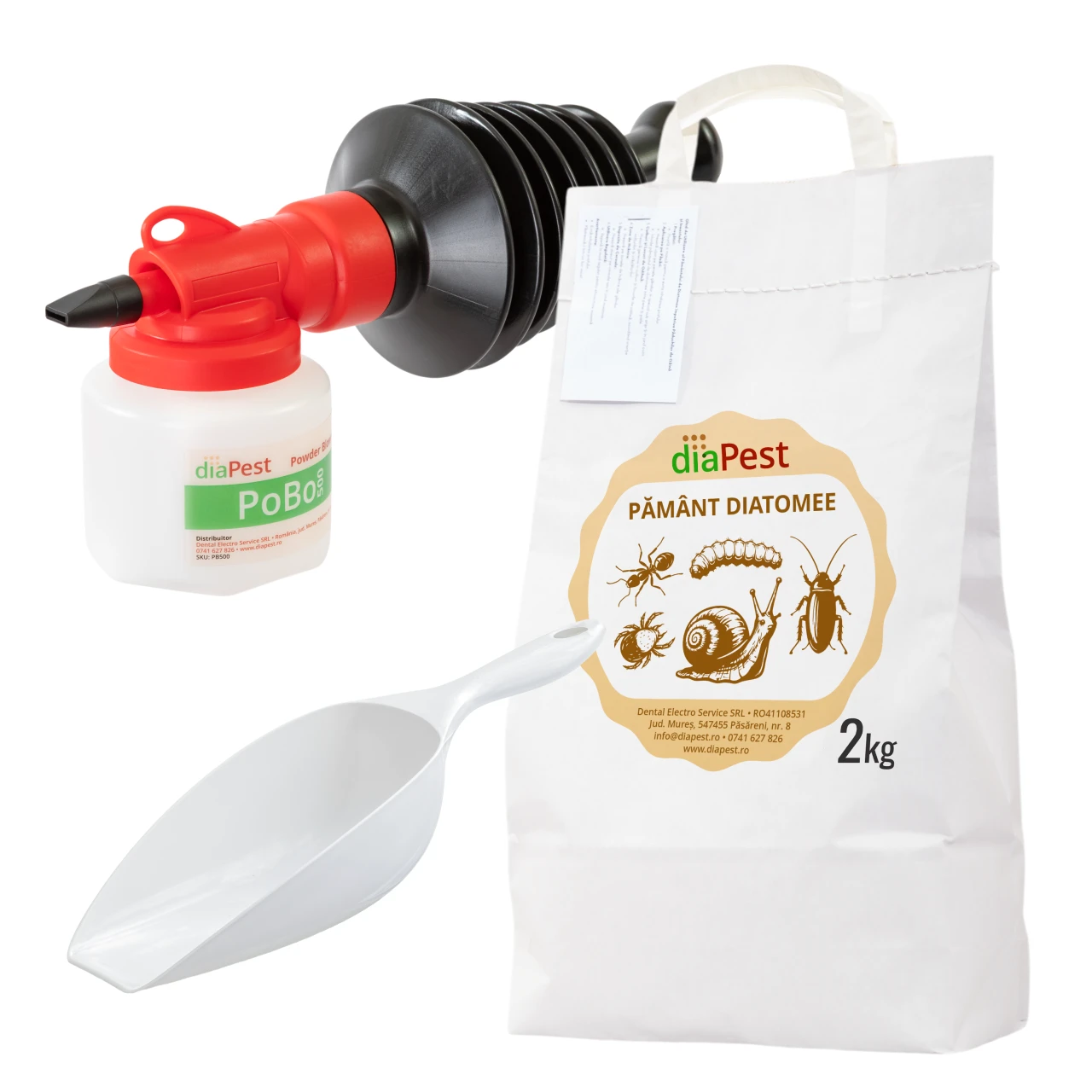 Pachet StarterPlus de pământ diatomee 2 kg, pulverizator manual 0,5 kg și scafă 400 ml