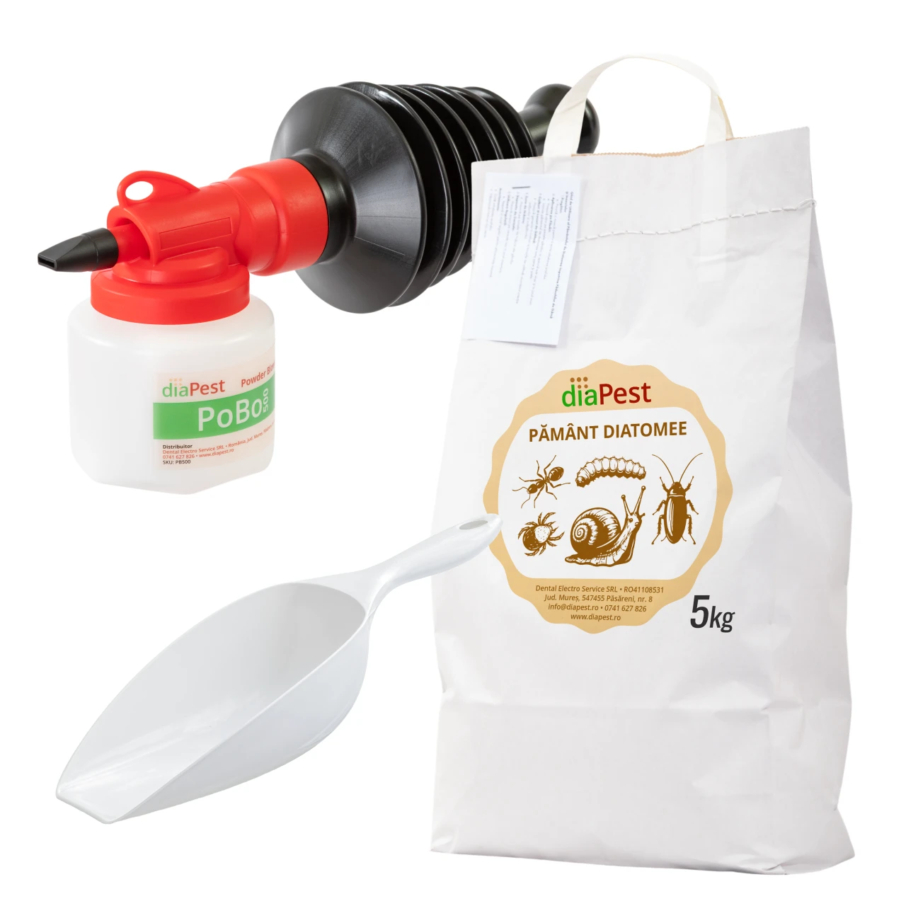 Pachet Max de pământ diatomee 5 kg, pulverizator manual 0,5 kg și scafă 400 ml
